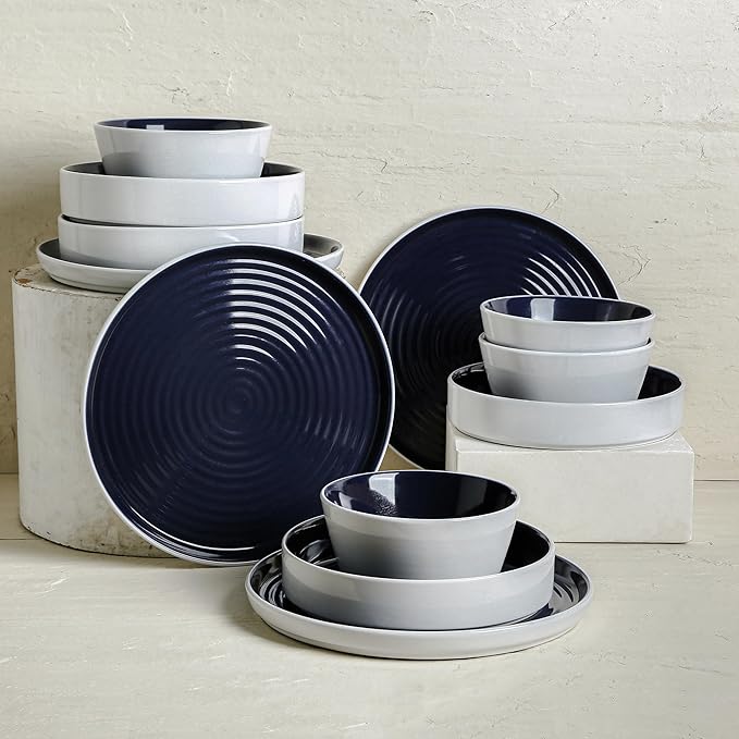Stone Lain Elica 12-Piece Modern Dinnerware Set Stoneware Plates and Bowl Sets for 4 Navy and White