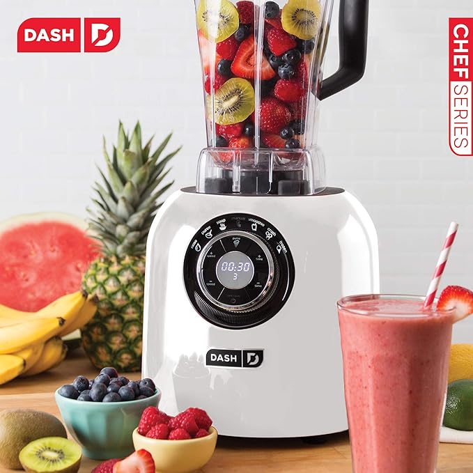 Dash Chef Series 64 oz Blender with with Stainless Steel Blades + Digital Display for Coffee Drinks Frozen Cocktails Smoothies Soup Fondue &amp More 1400-Watt - White