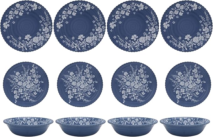 12-Piece Daisy Bamboo Melamine Dinnerware Set Bamboo Fiber Plates and Bowls with Floral Pattern Lightweight Unbreakable Dishes for 4