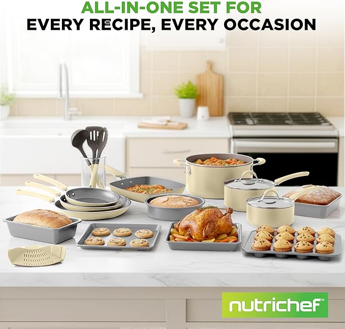 NutriChef 20-Piece Non-Stick Bakeware and Cookware Set - Utensils Including Pots and Baking Pans Made with Durable Aluminum Tempered Glass Lids Heat-Resistant Utensils Easy-Clean Design (White)