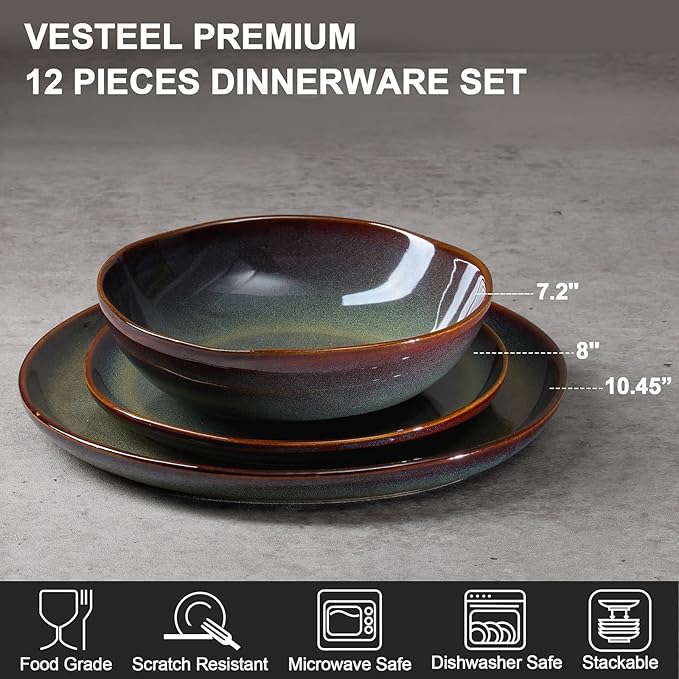 Vesteel Dinnerware Set for 4 12 Pieces Premium Stoneware Plates and Bowls Set Handmade Reactive Glaze Dishes for Home Chip &amp Scratch Resistant Microwave and Dishwasher Safe - Forest Green