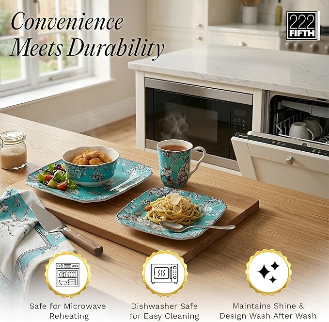 222 Fifth Adelaide 16-Piece Square Floral Dinnerware Set – Service for 4 Turquoise Porcelain Plate Bowl &amp Mug Set Chip Resistant for Everyday Dining &amp Entertainment Microwave &amp Dishwa