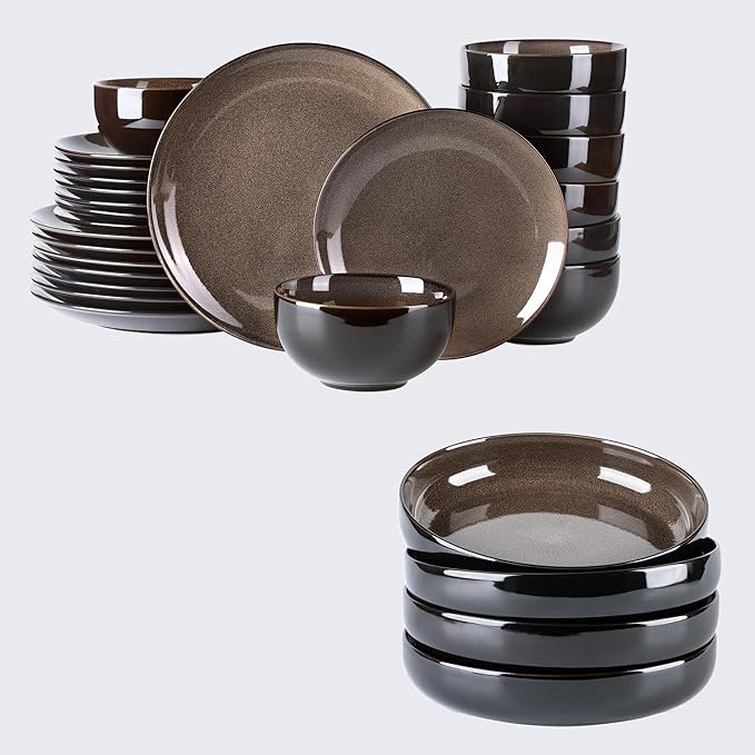 LeRatio Ceramic Dinnerware Sets for 8Stoneware Plates and Bowls SetsHandmade Reactive Glaze Dishes SetChip Resistant and Scratch Resistant | Oven&ampDishwasher &amp Microwave Safe-Chestnut(28PCS)