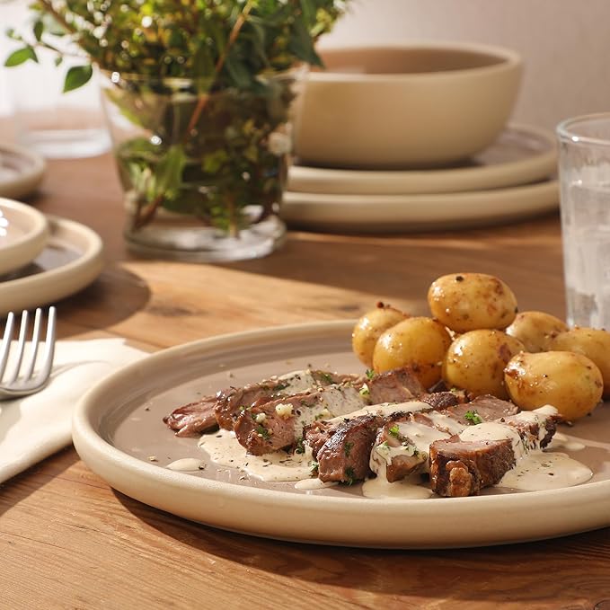 Gibson Elite - Made in Portugal - Port Gaia 12 Piece (Service for 4) Plates and Bowls Reactive Glaze Dishes Stoneware Ceramic Dinnerware Set - Taupe