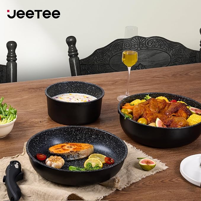JEETEE 25pcs Pots and Pan Set Non StickDetachable Handle Cookware SetInduction Cooking &amp RV Camping Stackable Pots PansHealthy Kitchen Cookware Set PFAS/PFOA FreeBlack