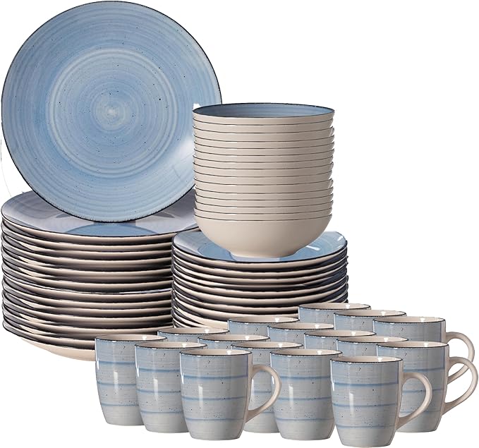 64-Pc Dinnerware Set for 16 Swirl Glazed Finish Includes Mugs Bowls Salad and Dinner Plates Chip Resistant Microwave Dishwasher and Oven Safe Blue