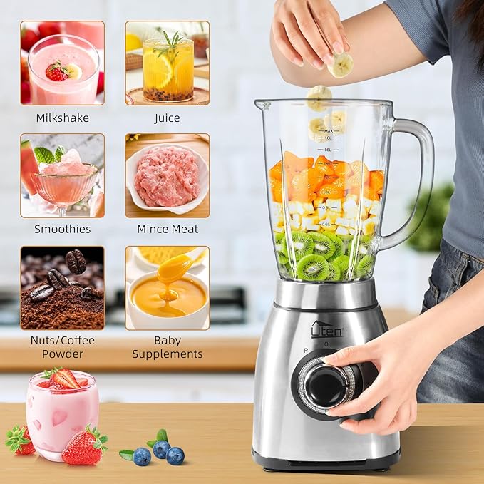 Uten 800 Watt Hight Speed Countertop Blender for Smoothies and Shakes Ground Coffee Beans 60 Oz Glass Jar 5 Speed Settings and Pulse
