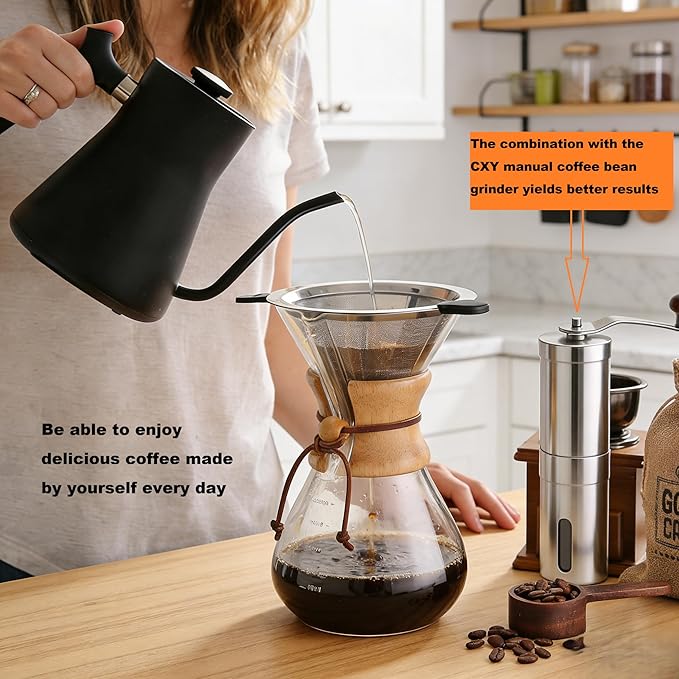CXY 27oz Pour Over Coffee Maker 8-Cup Borosilicate Glass Drip Coffee Maker with Reusable Stainless Steel Filter Pour Over Coffee Dripper with Wooden Handle Coffee Maker for Home Office Camping