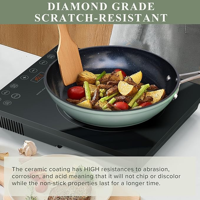 Nuwave Healthy Duralon Blue Ceramic Nonstick Cookware Set Diamond Infused Scratch-Resistant PFAS Free Dishwasher &amp Oven Safe Induction Ready &amp Evenly Heats Tempered Glass Lids &amp Stay-