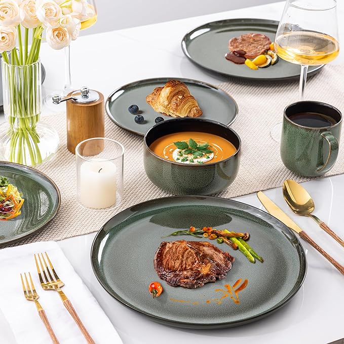 LERATIO Ceramic Dinnerware Sets for 416-PieceReactive Glaze Plates and Bowls Set with MugsHighly Chip and Crack Resistant | DishwasherMicrowave &amp Oven Safe Dishes set-Green