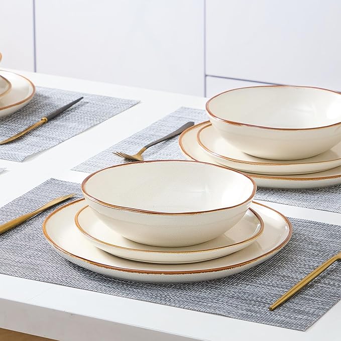 Bestone 12 Pieces Round Kitchen Dinnerware SetsPlates and Bowls SetsDishes Plates Bowls Dish Set Chip Resistant Ceramic Dinnerware Set Dishwasher/Microwave SafeService for 4Pearl White