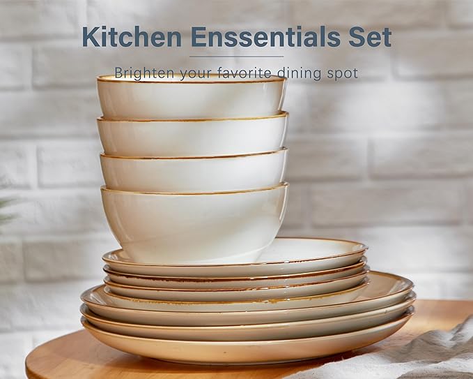 ONEMORE Plates and Bowls Set Dinnerware Sets for 4 Porcelain Kitchen Dishes Set 12pcs Scratch Resistant Modern Aesthetic Dishware Sets- Microwave &amp Dishwasher Oven SafeFarmhouse Style Cream W