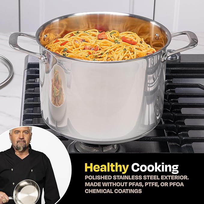 Guy Fieri's Flavortown 8-Quart Stainless Steel Stock Pot with Tempered Glass Lid - Kitchen Cookware with Tri-Ply Base Oven &amp Dishwasher Safe Compatible with Induction Gas &amp Electric Stoveto