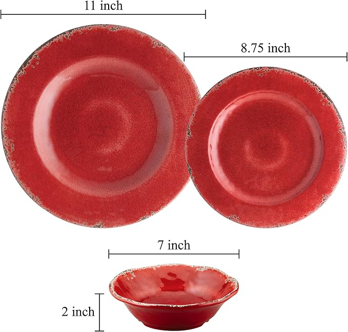UPware 12 Piece Crackle Melamine Dinnerware Sets Outdoor Dishes Set Plates and Bowls Sets Service for 4 Red
