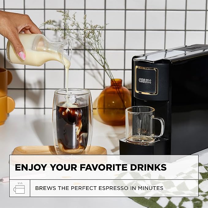 Crux Espresso Machine for Nespresso Pods - Programmable Coffee Brewer Capsule Compatible with Large Removable Water Tank and Drip Tray Black and Copper