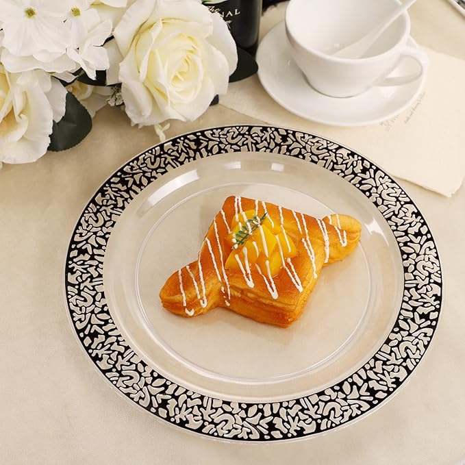 U-QE 100pcs Clear and Black Plastic Plates - Black Plates Disposable for Party - Disposable Plates for Premium Party Supplies Including 50 Dinner Plate 10.25 '' &amp50 Dessert 7.5 '' Plate