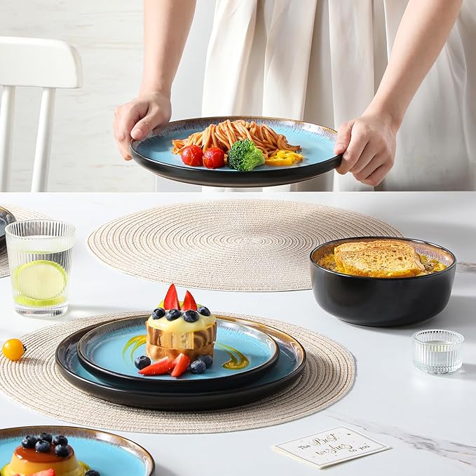 vancasso Plates and Bowls Sets 24 Pieces Stoneware Dinnerware Sets for 8 Kitchen Dish Set Mircowave and Dishwasher Safe Ceramic Dishware Blue Series AMBER