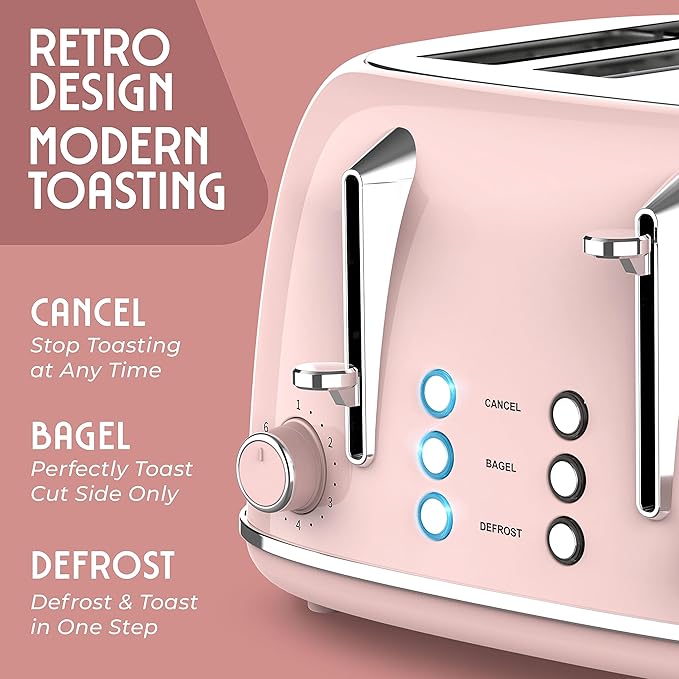 Mueller Retro Toaster 4 Slice with Extra Wide Slots Bagel Defrost and Cancel Function 6 Browning Levels Dual Independent Controls Removable Crumb Tray and High Lift Levers Pink