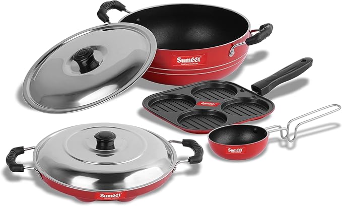 Sumeet 2.6mm Thick Non-Stick Rua Cookware set (Mini Multi Snack Maker – 19.5cm Dia + Kadhai With Lid – 1.5Ltr + Grill Appam Patra With Lid – 23cm Dia + Grill Pan – 1.1Ltr Capacity – 22cm Dia)