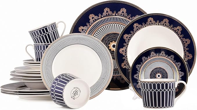 Bone China Deep Plate Set of 4 Dinner Plates Salad Plates Dinnerware Sets Serving Bowls Soup Bowls Kitchen Plates Tableware Set for Home and as a Gift (Noble Cobalt)