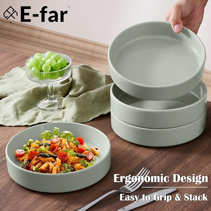 E-far Stoneware Dinnerware Sets with Pasta Bowls Set of 4 Bundle 12PCS Plates and Bowls Dish 35oz Ceramic Large Salad Bowl Plates for Serving Soup Dinner Microwave &amp Dishwasher Safe Speckled G