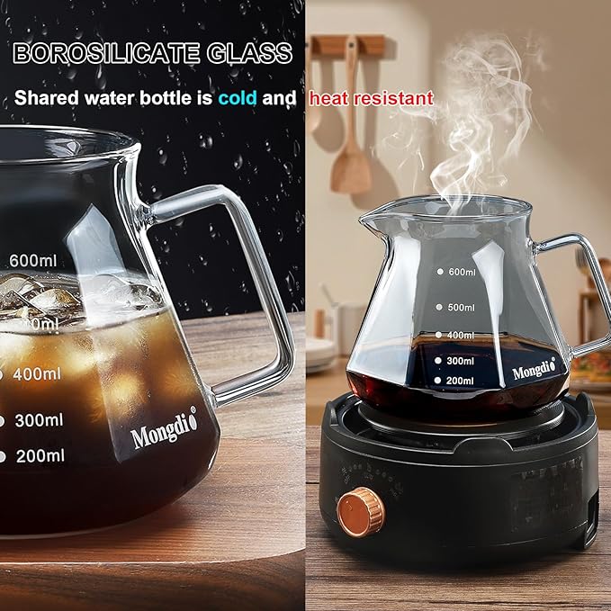 Mongdio Pour Over Coffee Maker 20 oz High-Heat Borosilicate Glass Coffee Maker with 100pcs Paper Filters Walnut Handle &amp Glass Lid Drip Coffee Maker Set for Home Café Restaurant - 600ml Gray