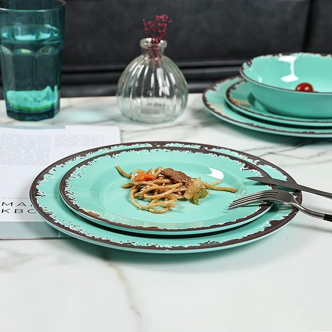Rustic Melamine Dinnerware Set12-Piece Plates and Bowls SetsYinshine Unbreakable Melamine Dish SetLightweightService for 4Dishwasher SafeGreen