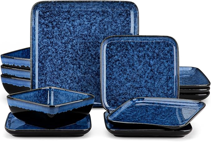vancasso Stern Blue Dinner Set Square Reactive Glaze Tableware 12 Pieces Kitchen Dinnerware Stoneware Crockery Set with Dinner Plate Dessert Plate Bowl Service for 4