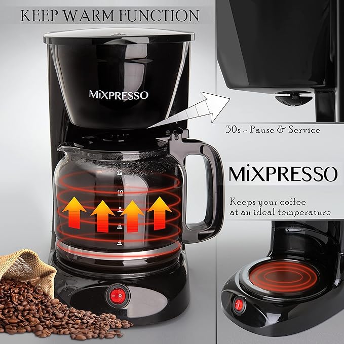 Mixpresso 12 Cup Coffee Pot Auto-Off &amp Reusable Filter Large Drip Coffee Maker Borosilicate Glass Carafe Anti-Drip Water Window Easy On/Off Switch Black Coffee Machine
