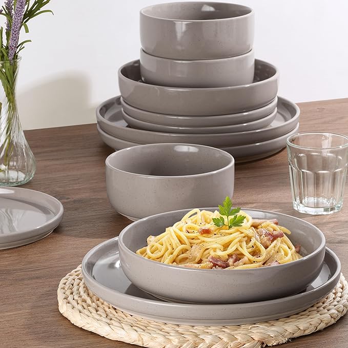HaWare 16-Piece Plates and Bowls Set for 4 Stoneware Dinnerware Sets with Pasta Bowl Dishes Set for Home Restaurant Speckled Cream Coffee
