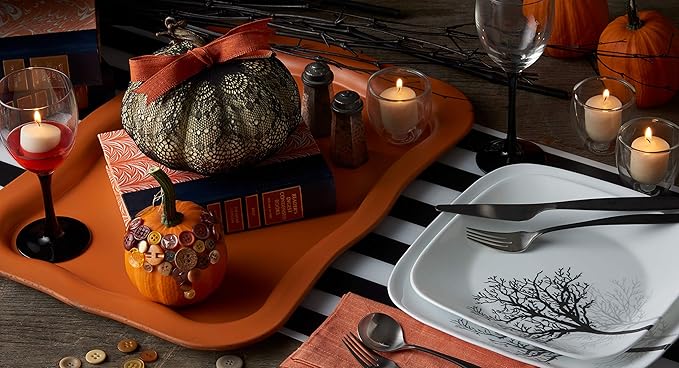 Corelle Vitrelle 18-Piece Service for 6 Dinnerware Set Triple Layer Glass and Chip Resistant Lightweight Square Plates and Bowls Set Timber Shadows