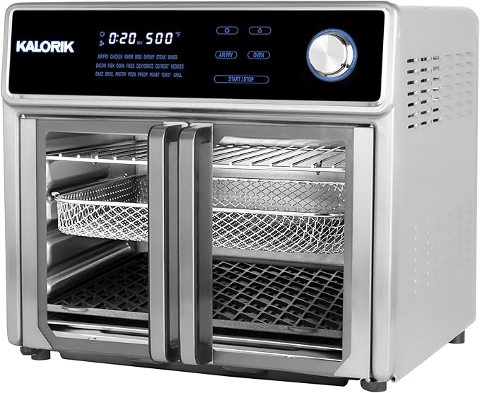 Kalorik Air Fryer Oven Grill MAXX Series 26-Quart with Smokeless Sear Technology Digital Controls Easy-View Door and 22 Smart Cooking Presets Includes Cooking Accessories 1700-Watts Stainless Steel