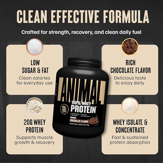 Animal 100% Whey Protein Powder – Whey Blend for Pre Workout or Post Workout Recovery or an Anytime Low Sugar Protein Boost Meal Replacement with BCAA Branched Chain Amino Acids – Chocolate 4 lb