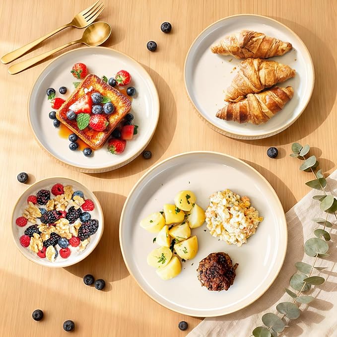 Stoneware Dinnerware Sets for 4 12 Pcs Ribbed Reactive Glaze Ceramic Plates and Bowls Sets Chip Resistant Microwave Dishwasher Safe Dish Set Housewarming Gifts Cappuccino White