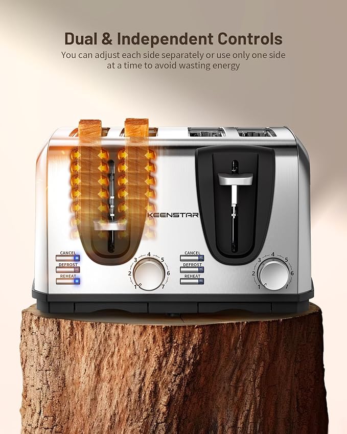Toaster 4 Slice Keenstar Extra-Wide Slot Toaster with Dual Control Panels of Bagel/Defrost/Cancel Function 7 Toasting Bread Shade Settings Removable Crumb Trays Auto Pop-Up Stainless Steel
