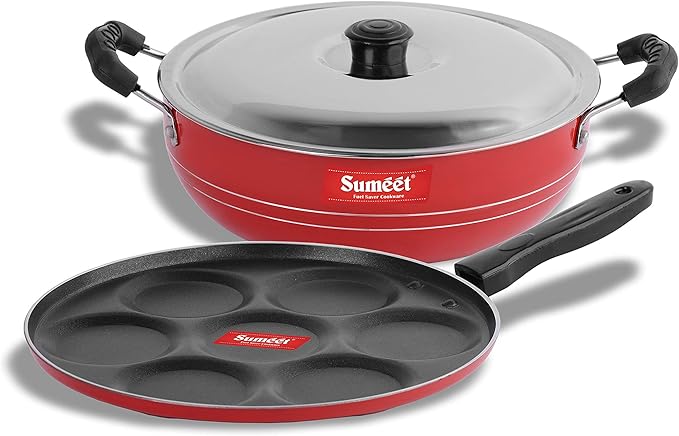 Sumeet 2.6mm Thick Non-Stick Rasberry Cookware set (Multi snack maker – 26.5cm Dia + Kadhai With Lid – 1.5Ltr capacity- 20cm Dia)