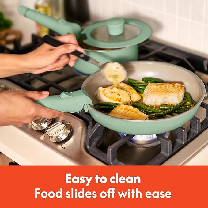 bella 8 Piece Removable Handle Cookware Set Fits-anywhere™ Kitchenware w EverGood™ Ceramic Nonstick Coating Dishwasher &amp Oven Safe All Stovetops Compatible Glass Lids with Silicone Rims Seag