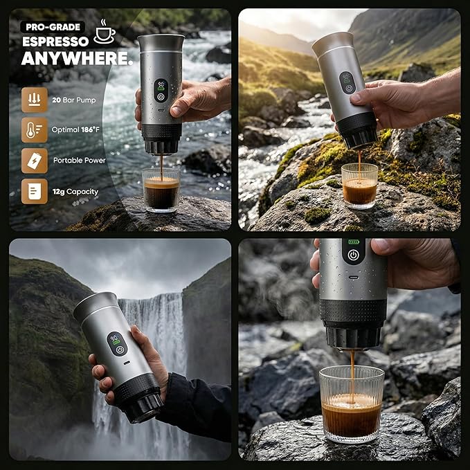 Portable Espresso Coffee Maker Battery Operated Rechargeable Travel Espresso Machine Self Heating Mini Coffee Maker for Camping &amp Car Works with Ground Coffee and Small/Large Capsules 80ml Cup