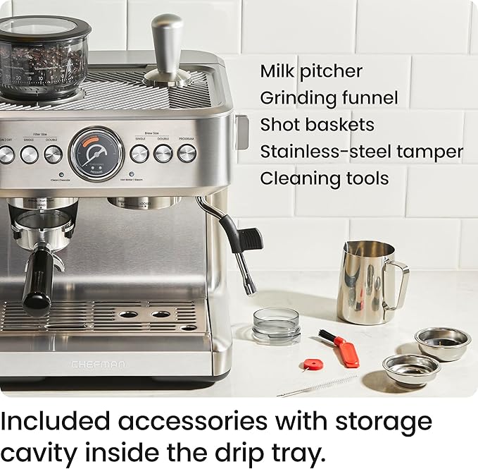 Chefman Crema Supreme 15 Bar Espresso Machine with Milk Frother Barista Steam Wand Professional Coffee Maker with Coffee Grinder 30 Grind Settings 3L Removable Water Tank - Stainless Steel