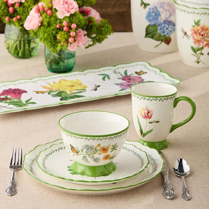 Mirabella 16-Piece Ceramic DINNERWARE SET SERVICE for FOUR with Artistic Floral Dinner Plates Salad Plates Mugs and Ice Cream Bowls Vibrant European-Inspired Tableware for Everyday Meals