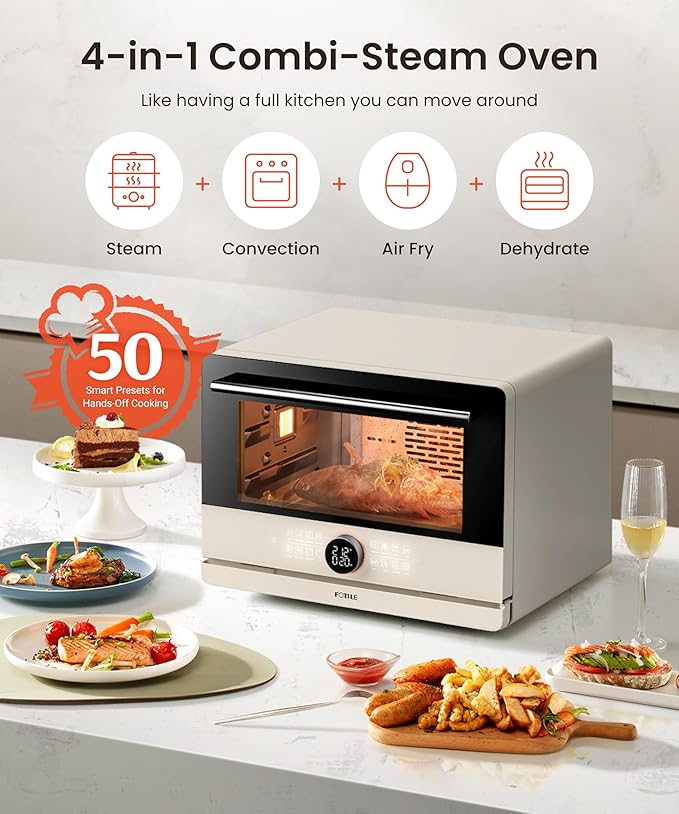 FOTILE HYZK32-E3-E ChefCubii 1.1 cu. ft. 4-in-1 Combi-Steam Oven with Steam-Bake Air Fry Convection Dehydrator Functions and 50 Preset Menus Beige