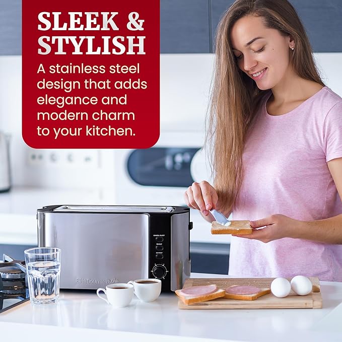 Elite Gourmet ECT3200 2-Slice 1 Long Slot Slim Toaster Reheat 6 Toast Settings Defrost Cancel Functions Built-in Warming Rack Extra Wide Slots for Bagels Waffles Stainless Steel &amp Black
