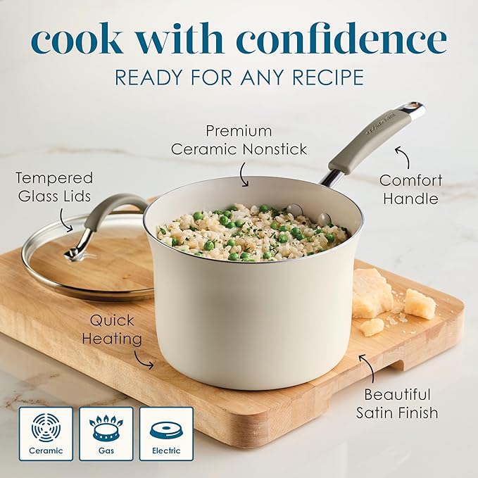 Rachael Ray Cucina Ceramic Cookware Set - 13 Pieces - Ceramic Pots and Pans Set w/Nonstick Frying Pans Saute Pan Saucepans Stockpot Lids Pan Protectors &amp Cooking Utensils - Almond