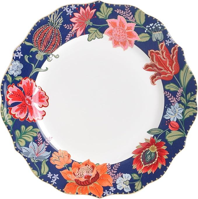 222 Fifth 12-Piece Porcelain Dinnerware Set for 4 White &amp Parisian Blue Plates and Bowls Set with Gold Rim Glossy Ceramic Dish Set with Detailed Floral Design Microwave &amp Dishwasher Safe C