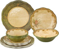 UPware 12 Piece Woodland Pinecone Melamine Dinnerware Sets Outdoor Dishes Set Plates and Bowls Sets Service for 4 Dark Green