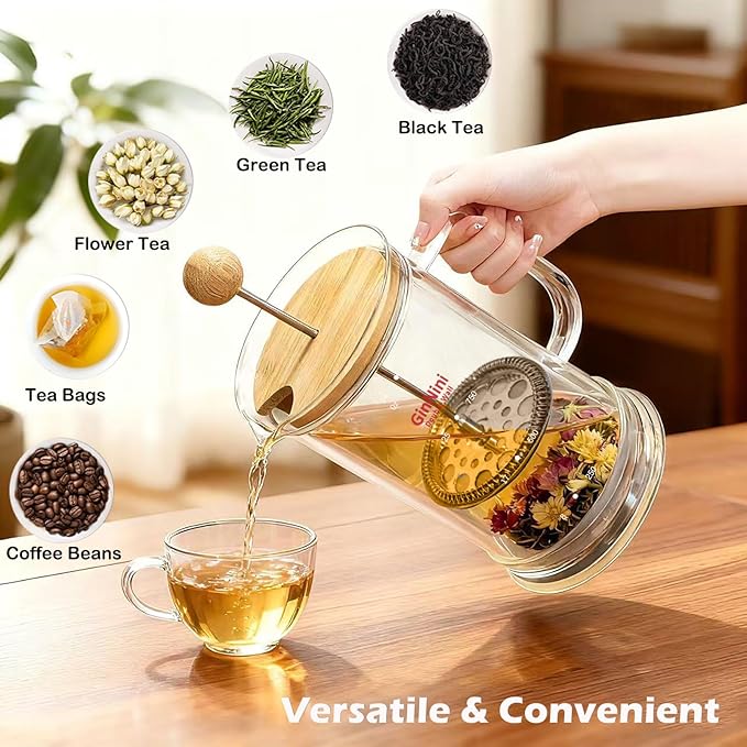 34-Ounce plastic free French Press Coffee Maker Double Wall Glass coffee press Stainless Steel Filter and Shaft Bamboo Knob and Lid Heat-Resistant tea french press no plastic large tea maker