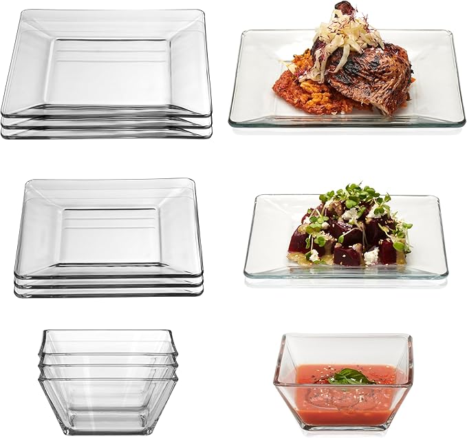 Libbey Tempo Glass Dinnerware Set Sleek Square Clear Glass Plates and Bowls Set of 12 Dishwasher Safe Dinnerware for Parties or Everyday Use
