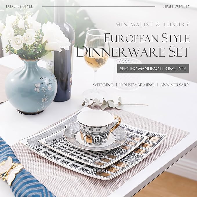 bone china dishes set service for 4 16 pieces gold trim dinnerware sets luxury european architectural plate set for anniversary opening Mother's Day afternoon tea