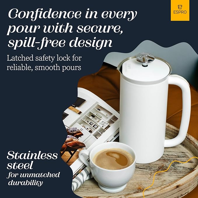 ESPRO P7 French Press Stainless Steel 304 – Patented Double Walled Micro-Filter Insulated French Press Coffee Maker Grit-Free Brew - Heat Resistant BPA Free - Matte White (18oz)