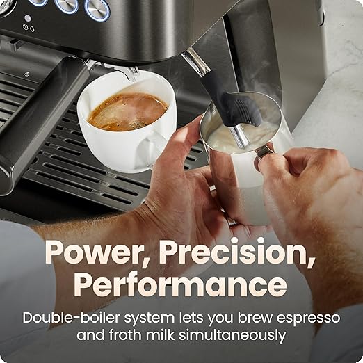 Chefman Crema Deluxe Espresso Machine with Double Boiler Use Milk Frother and Brew Espresso Simultaneously Professional Coffee Maker with Coffee Grinder and Steam Wand 30 Grind Settings